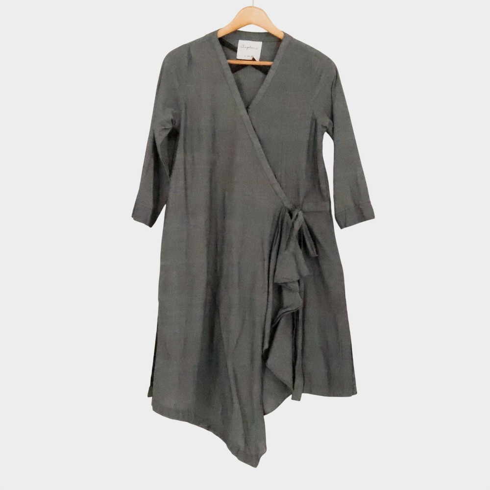 Asymmetric Midi Wrap Dress Lagenlook Womens Size XS Gray Minimalist Cotton